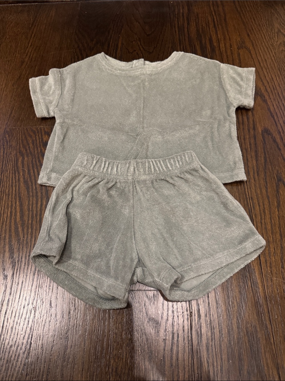 Quincy Mae Kids Cozy Short Sleeve Top and Shorts Set - Light Olive terry cloth
